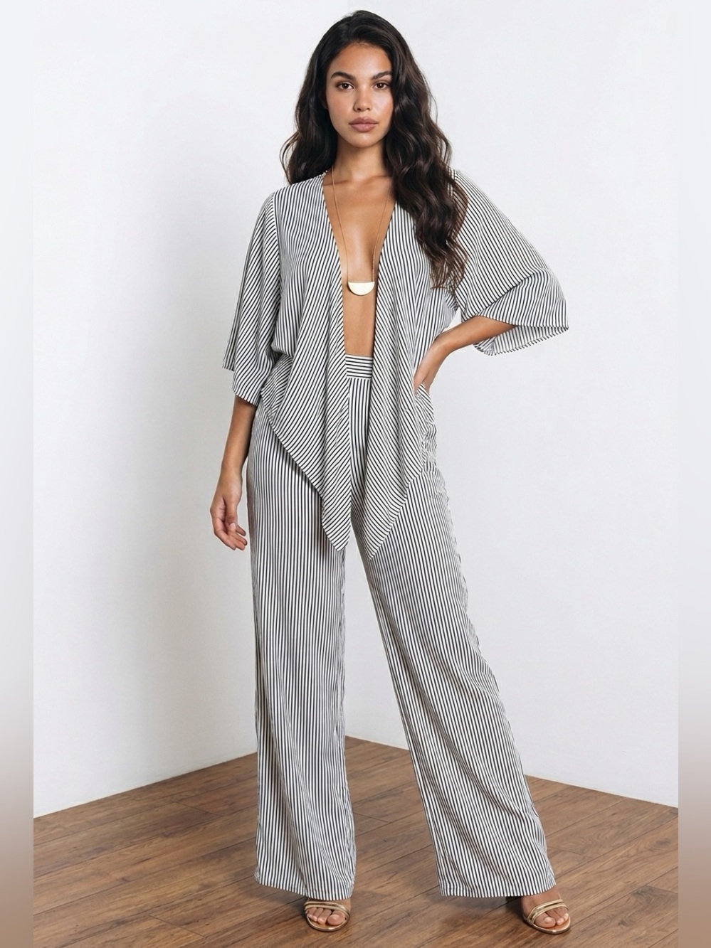 Striped Tie-Front Wide Leg Jumpsuit - White/Black
